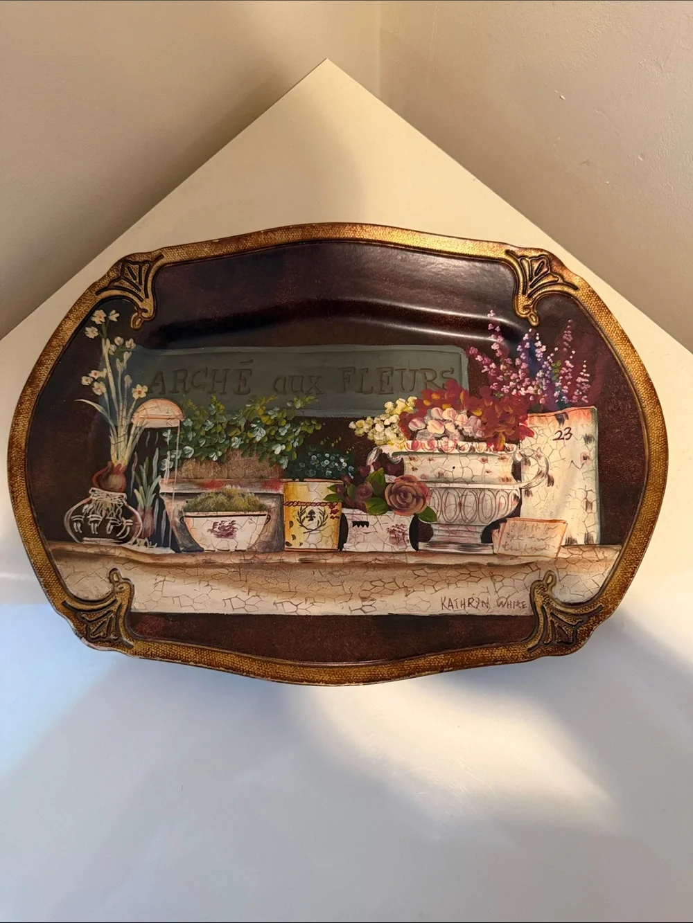 Hand-Painted Floral Wall Tray in Brown and Gold